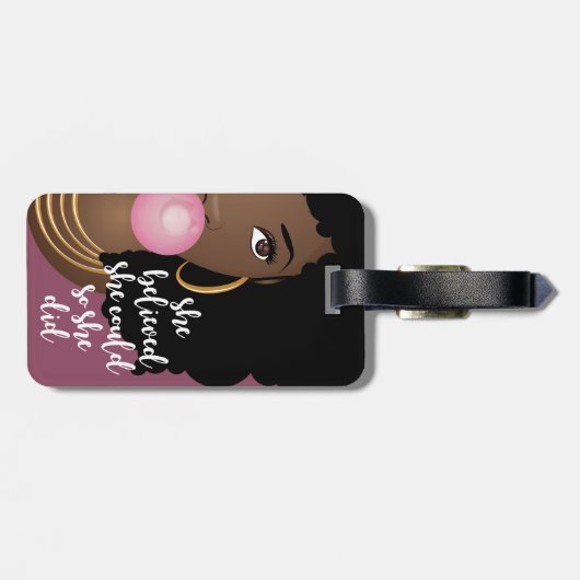 彼女信じは、黒人女性、ゴム紫色 ラゲッジタグ (裏面横)