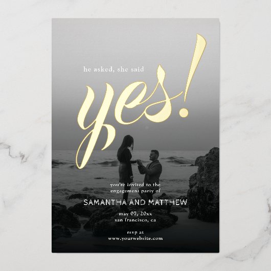 彼女素朴はYes写真婚約パーティ金ゴールドと言った 箔招待状 (正面)