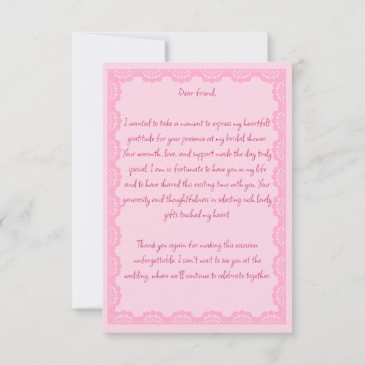 彼女、ピンクの蝶結びのウェディングシャワーを計画中 サンキューカード (裏面)