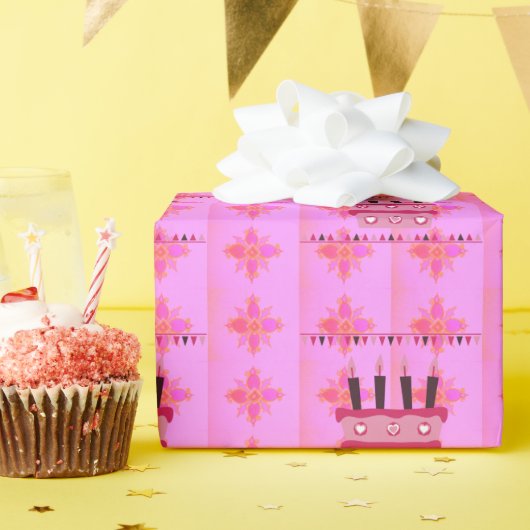 彼女/女の子の誕生日に花のケーキ アートプリント ラッピングペーパー (誕生日パーティー)