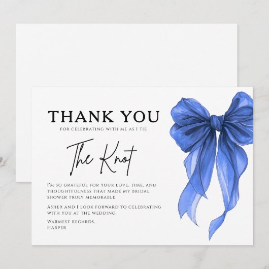 彼女、結婚するのよ ブルー・ボウ・ブライダルシャワー サンキューカード (正面/裏面)