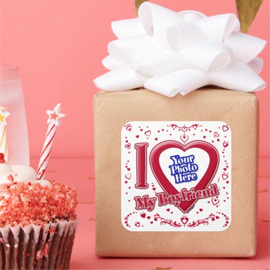 彼氏の写真が大好き赤いハート スクエアシール (パーティー)