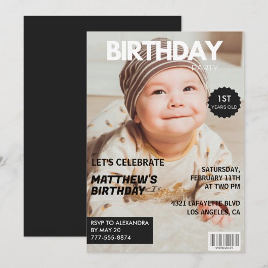 彼氏の1歳の誕生日招待状 雑誌の表紙 招待状 (正面/裏面)