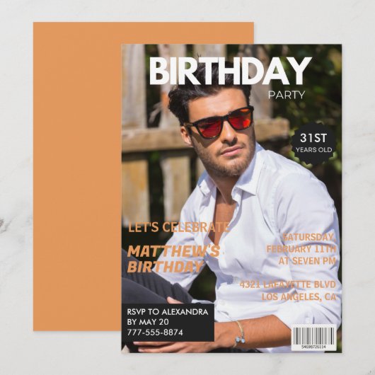 彼氏の31歳の誕生日招待状 雑誌の表紙 招待状 (正面/裏面)