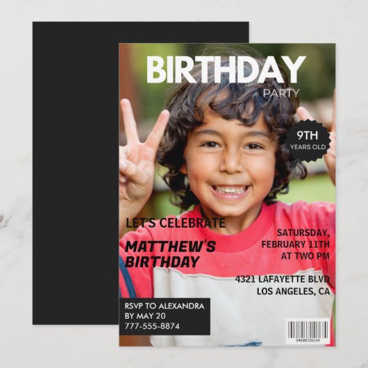 彼氏の9歳の誕生日招待状 雑誌の表紙 招待状 (正面/裏面)
