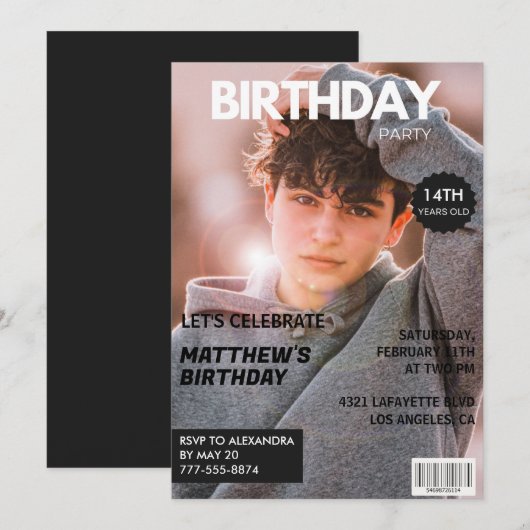 彼氏への14歳の誕生日招待状 雑誌の表紙 招待状 (正面/裏面)