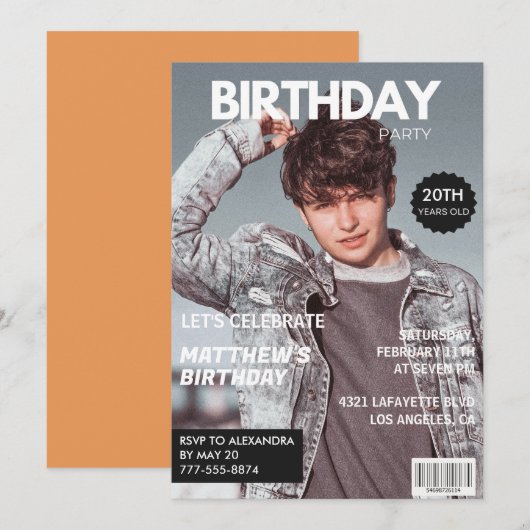 彼氏への20歳の誕生日招待状 雑誌の表紙 招待状 (正面/裏面)