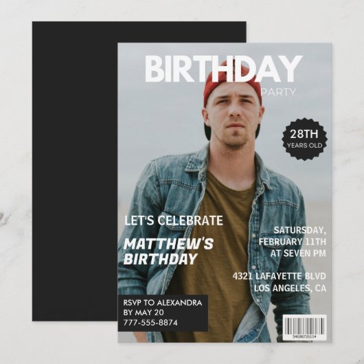 彼氏への28歳の誕生日招待状 雑誌 招待状 (正面/裏面)