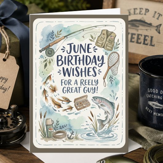 彼氏への6月の誕生日カード 水彩の釣りパロディ カード