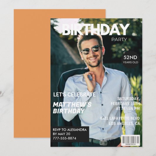 彼52歳の誕生日のためのモダンな雑誌の表紙 招待状 (正面/裏面)