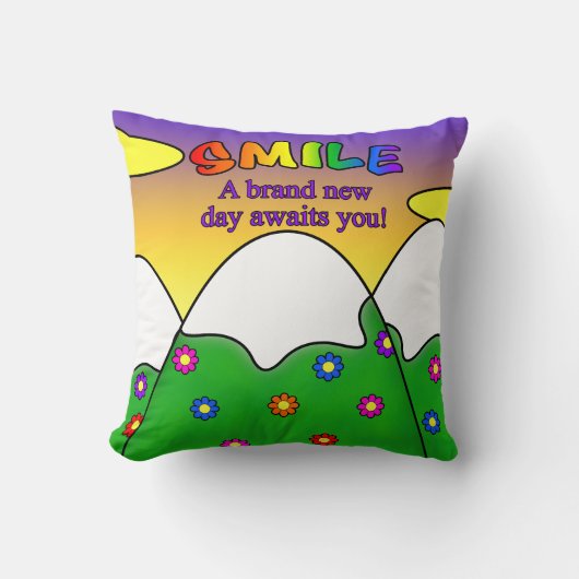待ちます正方形の枕真新しい日は微笑します クッション (正面)