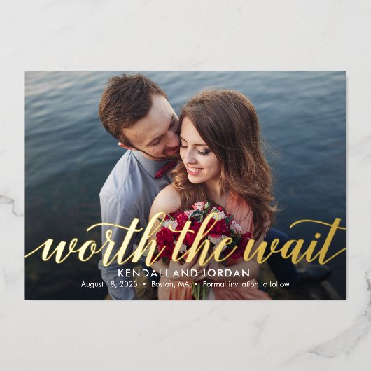 待ちフォイル実在スの価値は日付カードを保存 箔招待状 (正面)