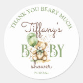 待ち心待ちテディベア緑のベビーシャワーの好意 ラウンドシール (正面)
