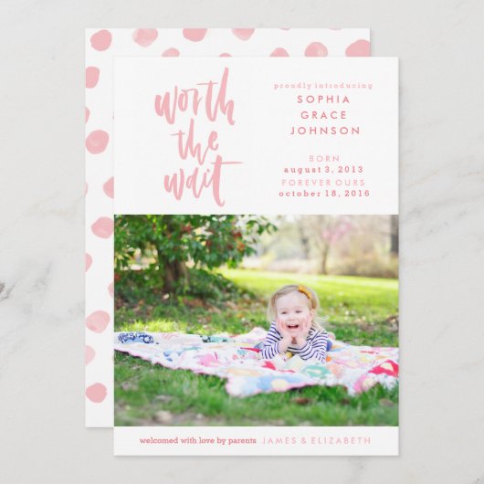 待ち時間|のピンクの価値を持つ採用の発表| 案内状 (正面/裏面)