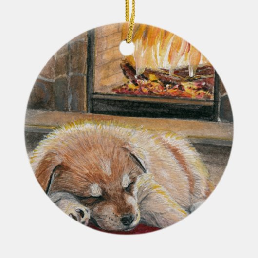 待っているサンタ犬の子犬の暖炉のオーナメント セラミックオーナメント (正面)