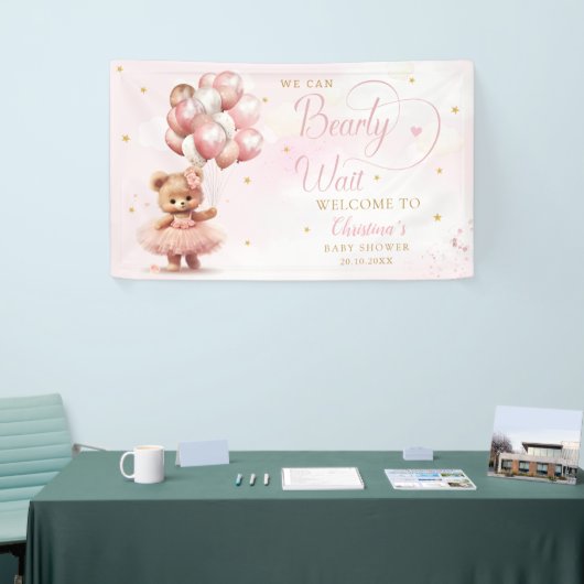 待って待ってテディベア女の子の赤ちゃんシャワーへようこそ 横断幕 (トレードショー)