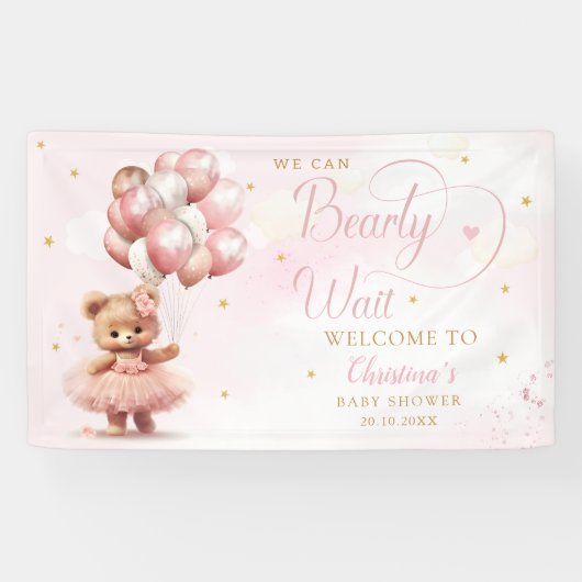 待って待ってテディベア女の子の赤ちゃんシャワーへようこそ 横断幕 (横)