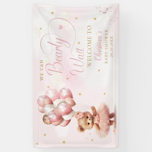 待って待ってテディベア女の子の赤ちゃんシャワーへようこそ 横断幕 (縦)