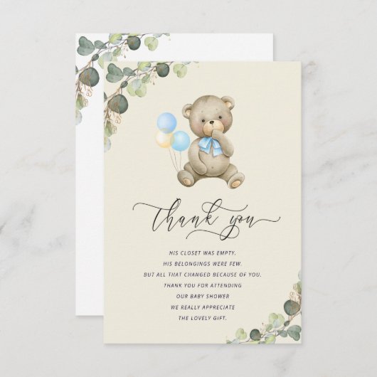 待って待ってテディベア赤ちゃんシャワーサンキューカード サンキューカード (正面/裏面)