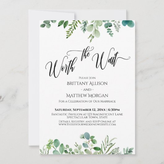 待つ価値のあるユーカリグリーンの受付 招待状 (正面)