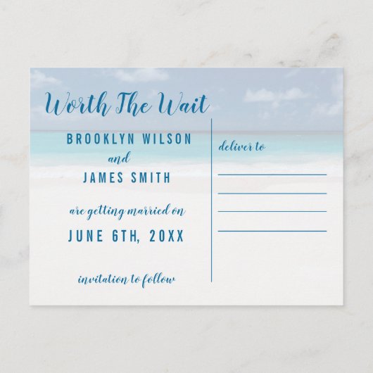 待つ価値ビーチテーマ日付を保存 案内ポストカード (裏面)