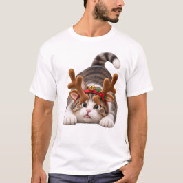 後ろ向きのトナカイの角を付けた猫 Tシャツ