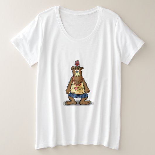 後ろ足で立っているキャラクターの茶色の熊 プラスサイズTシャツ (デザイン正面)