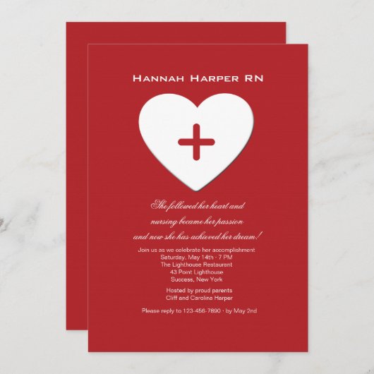 後を追ハート看護学校卒業の請求書。 招待状 (正面/裏面)