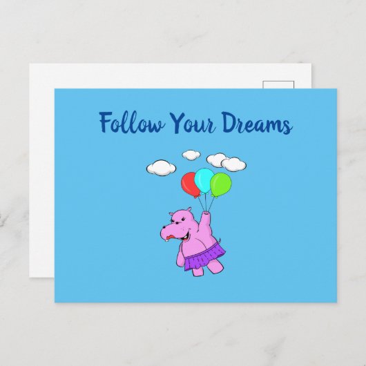 後を追夢かわい飛んでいるHippo ポストカード (正面/裏面)