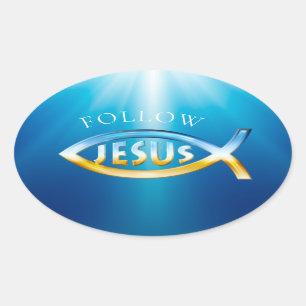 後を追Yesus – キリスト教の魚のシンボルSky & Ground 楕円形シール