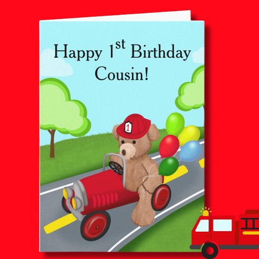 従兄弟の1歳の誕生日テディベア消防車 カード