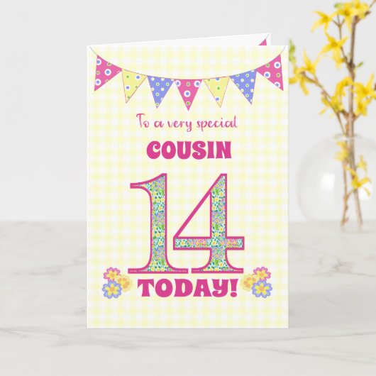 従兄弟14誕生日Primroses Bunting Card カード (黄色い花)