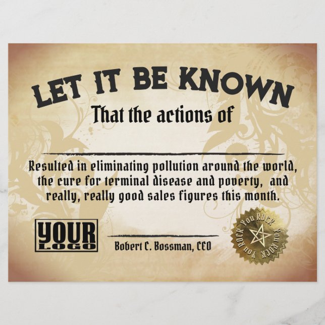 従業員のトップおもしろい営業作業証明書賞 (正面)