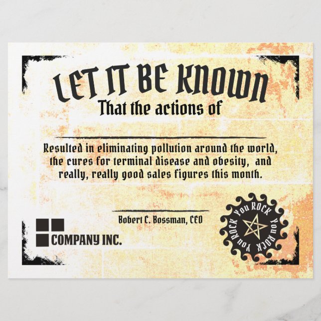 従業員のトップおもしろい営業作業証明書賞 (正面)