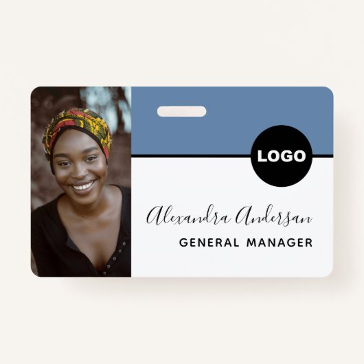 従業員の会社ID写真ロゴQRコードデニムブルー バッジ (正面)