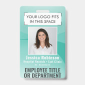 従業員の写真ID QRコードあなたのロゴティール（緑がかった色）ブルーアーク バッジ (Front)