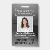 従業員の写真ID QRコードあなたのロゴ黒い円弧バッジ バッジ (正面)