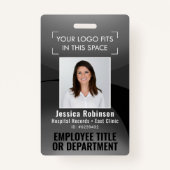 従業員の写真ID QRコードあなたのロゴ黒い円弧バッジ バッジ (正面)