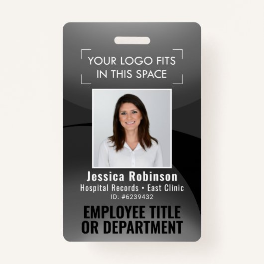 従業員の写真ID QRコードあなたのロゴ黒い円弧バッジ バッジ (正面)