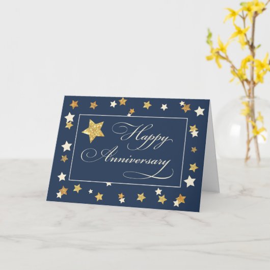従業員の記念日ネイビー金ゴールドエフェクトスター カード (黄色い花)