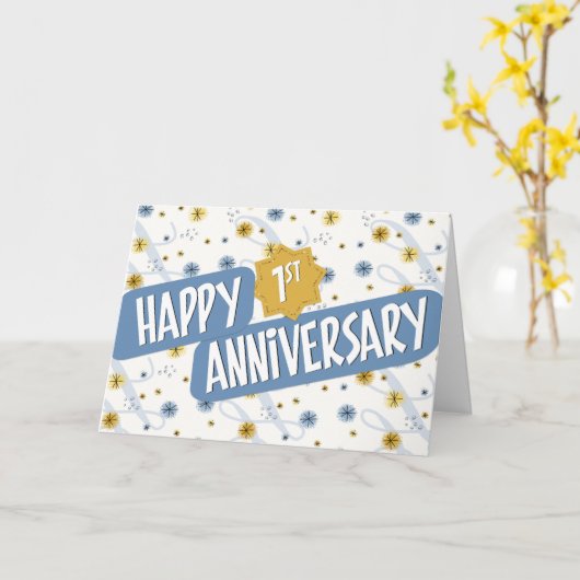 従業員の記念日1年の青い白のパターン カード (黄色い花)
