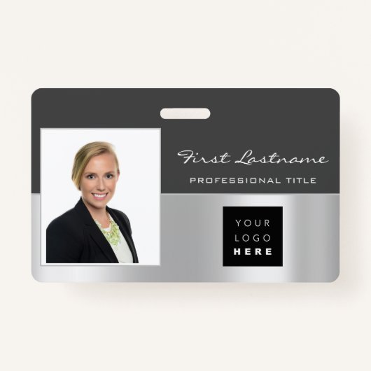 従業員カスタムバーコードロゴ名スキャナーシルバー バッジ (正面)