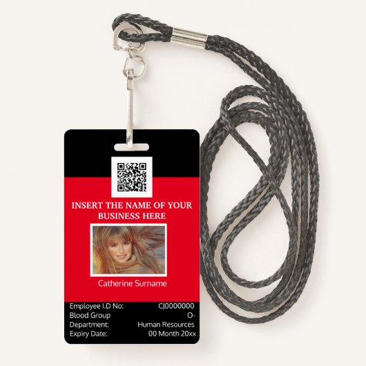 従業員カスタムIDカードテンプレート両面赤 バッジ (正面ランヤード)