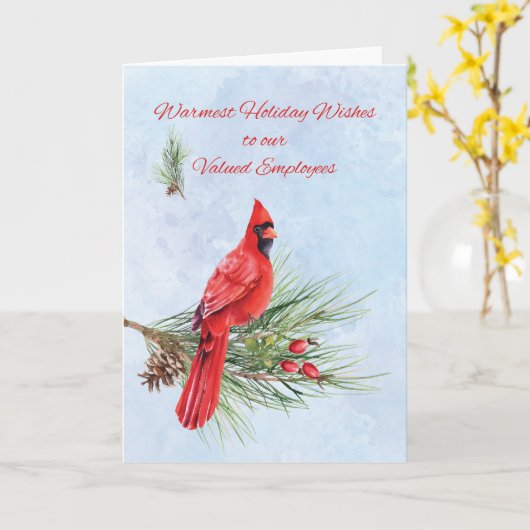 従業員クリスマスボーナスビジネスレッド(鳥)ショウジョウコウカンチョウ カード (黄色い花)