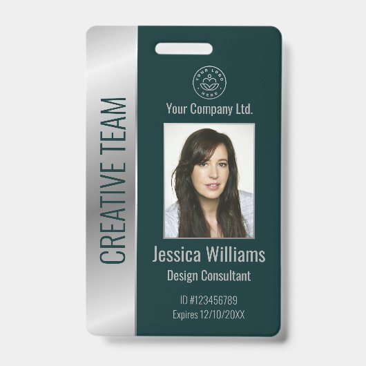 従業員パーソナライズされた企業のシルバー緑ID バッジ (正面)