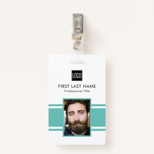従業員パーソナライズされた | ティール(緑がかった色)ロゴスタッフフォト バッジ (正面クリップ)