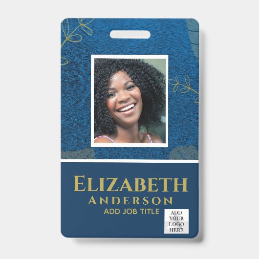 従業員フォトバッジQRコードバーコードブルー金ゴールド バッジ (Front)