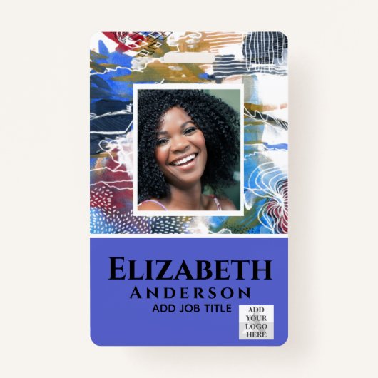 従業員フォトバッジQRコードバーコード抽象芸術ブルー バッジ (正面)