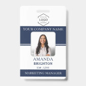 従業員フォトロゴQRコードネイビーブルーホワイト バッジ (表面)