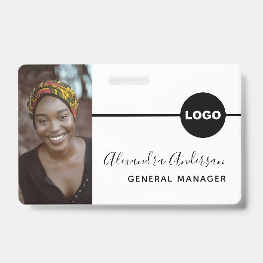 従業員フォトID会社ロゴQRコードホワイトブラック バッジ (Front)